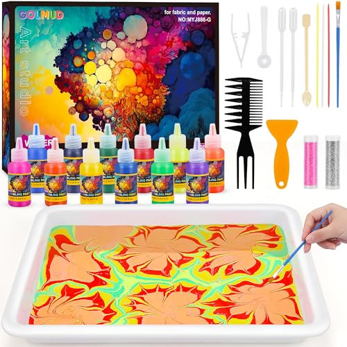 GOLMUD 12 Colour Water Marbling Paint Kit for Kids, Art and Craft Kits for Girls and Boys,Paint Craft Kits Creative Toys Birthday Gift for Kids 6 7 8 9 10 11 12 Year Old