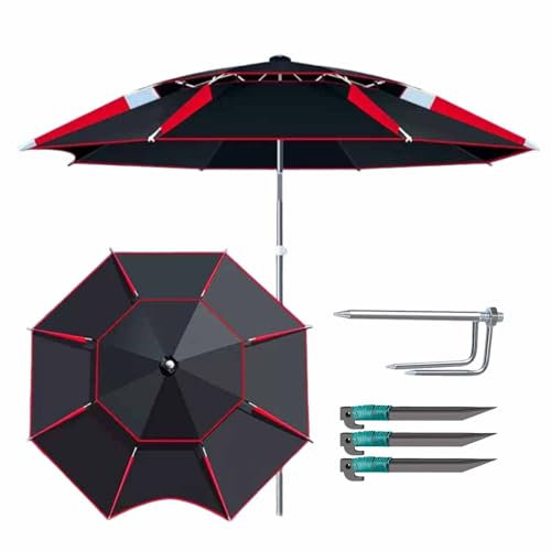 Verstellbarer Strandschirm Mit Tragetasche Sonnenschutzschirm Für Den Außenbereich UV-Schutzdach Für Camping Wandern Strand Angeln Terrasse Garten(Black red,240CM/8FT)