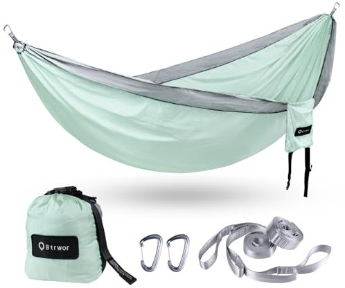 BTRWOR Hängematte Outdoor für 2 Personen | 300kg Traglast | Doppelhängematte mit Befestigungs-Set | Nylon Camping Reisehängematte | 290x170cm(Minzgrün)