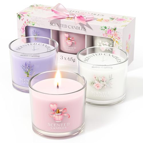 CHILLFLAME Candele Profumate in Vetro, Set di Candele Profumate per Alleviare lo Stress, 3 Candele in Vetro per Donna e Uomo, Regalo di Compleanno per Donna (Rosa + Viola + Bianco, 200g)