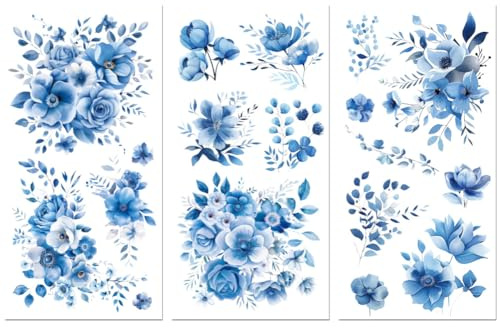 Peacoblue UV DTF Rub-On Transferfolie Möbel-Sticker Blaue Blumen Muster 15x30cm, 3 Stk. Wasserfeste Deko-Transferaufkleber für Möbel Glas Gläser Porzellan Wäscheschränke Kommoden Holz Kunststoff | 3er Set UV DTF Transfersticker 15x30cm, Wasserfeste Dekorfolie für Möbel, Schubladen, Holz, Glas und Keramik