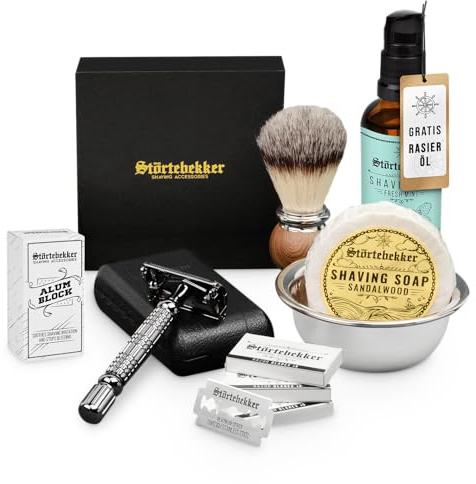 Störtebekker® Premium Clean Shaving Set - Rasierhobel inkl. Lederetui & 10 Klingen, Rasierpinsel, Rasierseife Sandelholz, Rasierschale, Alaunstein und GRATIS Rasieröl - Rasierset (Schwarz - Schwarz)