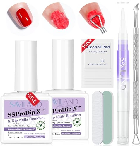 SAVILAND Dip Powder Nail Remover : Lot de 2 kits de retrait des ongles à base de plantes pour enlever doucement et rapidement les ongles avec repousse-cuticules et lime à ongles pour les amateurs