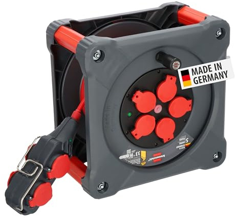Brennenstuhl Professional Baustellen-Kabeltrommel mit Powerblock KC 3210 5 | 33+5m, H07BQ-F3G2,5 Kabel in rot, 5 Schutzkontakt-Steckdosen, ständiger Einsatz im Freien, Made in Germany