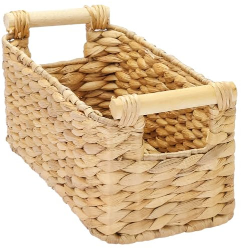 HMF Aufbewahrungskorb Badezimmer, Korb geflochten aus Wasserhyazinthe mit Holzgriffen | 30 x 15 x 13 cm