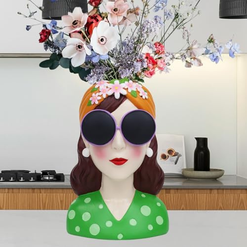 FLJZCZM Artistic Girl Vaso da fiori in resina per la decorazione della casa, vivace vaso a tulipano/rosa, dipinto a mano, multiuso, decorazione da tavolo per fiori e piante freschi/secchi, soggiorno e