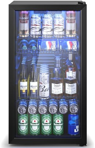 Manastin - Enfriador de bebidas para refrigerador, 120 latas con puerta de vidrio para soda cerveza o vino, control digital de temperatura, mini refrigerador para recámara, bar, oficina (negro, 3.23