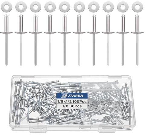 JTAREA 130 Stück 3,2 x 12,7mm Edelstahl Blindnieten mit Unterlegscheiben Blindniete Großerkopf Nieten Popnieten Poppnieten Kernnieten mit Rundem Kopf