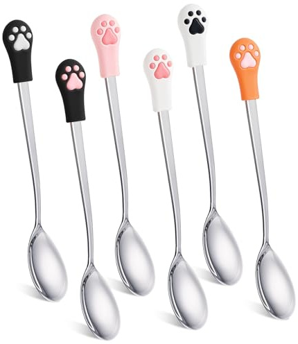 Jeffdad Lot de 6 cuillères en acier inoxydable pour pattes de chat | Cuillère à nourriture pour animal de compagnie, cuillère à long manche pour animaux de compagnie