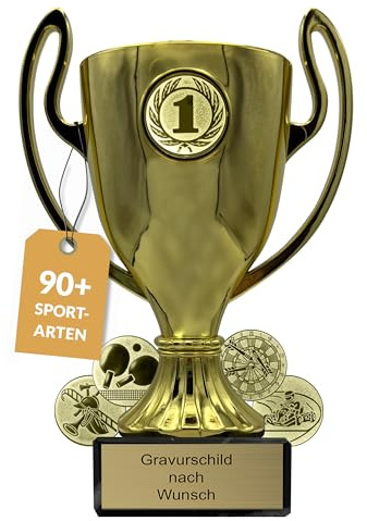 Pokal mit Gravur Wunschtext, Gold, Sportemblem nach Wahl, 16/18/20 cm | Personalisierte Auszeichnung für Fußball WM & Sport Events, inkl. Marmorsockel