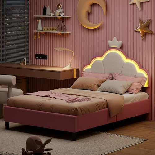 Callicarpa Kinderbett Polsterbett 90x200, Bettgestell für Mädchen mit LED Verstellbares Kopfteil, Kronen-Einzelbettgestell mit Lattenrost, Kinder Bett, Bett ohne Matratze Rosa