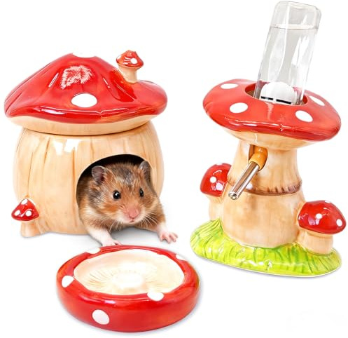 BNOSDM Mushroom Ceramic Hamster Hideout Set with Food Bowl Bottle Holder