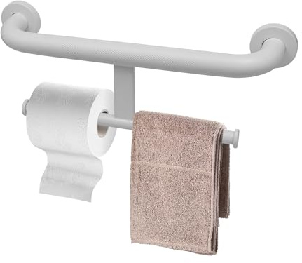 Rackickyer Handicap Grab Bar with Toilet Paper Roll Holder, 2-in-1 Safety Assist Bar Support Handle 16 Inch, White Stainless Steel Wall Mounted Bathroom Toilet Grab Bar for Senior Elderly