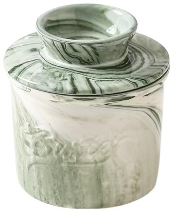 French Butter Dish with Lid, French Butter Crock for Counter with Water Line French Butter Dish for Counter (Green Stone Grain)