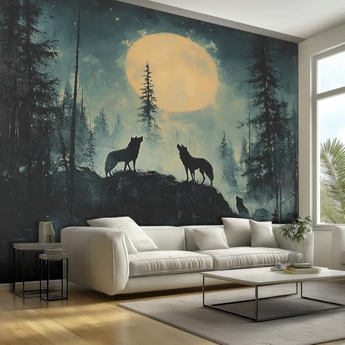 Générique Papier Peint Panoramique 350x256 cm, Loup Motif Mur Papier Peint Intissé, Lune Animaux Sauvages Forêt Décoration Revêtement Mural, pour Cuisine