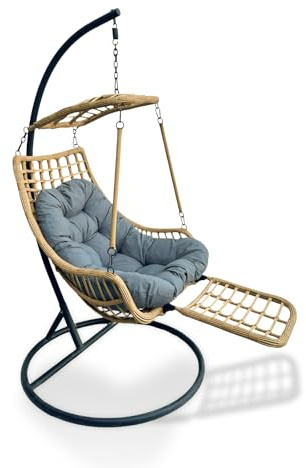YOEVU Silla Colgante con Soporte, Gris Beige | Reposapiés Integrado, Estructura de Acero Reforzada, Cojín Acolchado Ergonómico, Diseño Boho para Interior y Exterior