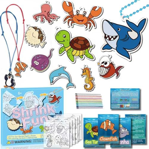 75 PC Meerestiere Schrumpffolie Bastelset für Kinder - 24 Stück Ozean-Motive mit 24 Lernkarten, 24 Perlenketten und 2 Wachsbändern -DIY Schlüsselanhänger zum Bemalen für Jungen und Mädchen ab 6 Jahren