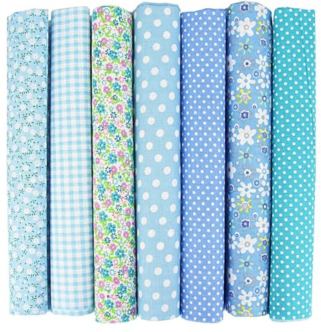 7er Set Baumwollstoff 50x50cm – Stoffe zum Nähen, Patchwork Stoffe, Stoffreste – DIY Stoff für Basteln, Quilten, Deko & Puppenkleidung – 100 % Baumwolle, Verschiedene Designs (Blau, 50x50cm)