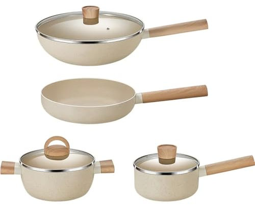 Aioneer Wok Sartén Olla Cacerola Lechera Juego De Utensilios De Cocina Metal Vidrio Tapa Transparente Juego De Olla Antiadherente Utensilios De Cocina, Juego De Cuatro Piezas, Ju