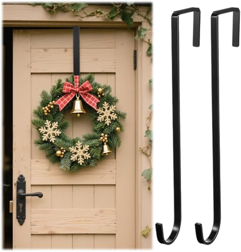 NVTEGR 2Pcs Wreath Hanger for Front Door, Door Hooks, Sturdy Hanger, Reusable Over Hook for Clothes, Wreath Hanger Suitable for Christmas Halloween Easter(Black)