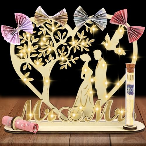AOOTE Geldgeschenk Hochzeit Holz mit Lichterketten, Hochzeitsgeschenke für Brautpaar, Hölzern Mr & Mrs Geld Geschenk, Herzförmiges Geschenk zum Hochzeit Hochzeitstag aus Holz
