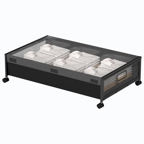 QUELIEN Almacenamiento debajo de la cama con ruedas, grandes contenedores y cajones de almacenamiento rodantes debajo de la cama, caja organizadora de zapatos para ropa, juguetes, mantas (negro, 1