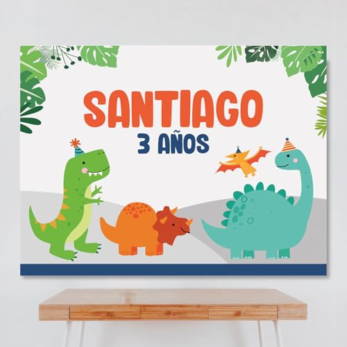 Cartel Personalizado Dinosaurios, 100x80 cm, Pancarta Cumpleaños, Decoracion Dinosaurios