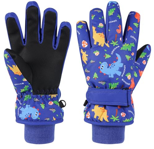 QKURT Guantes de esquí para niños Estampado de Dinosaurio, Antideslizantes, de Poliuretano, para Trineo, Snowboard, térmicos, Resistentes al Viento, para Clima frío, para Nieve, de 4 a 9 años.