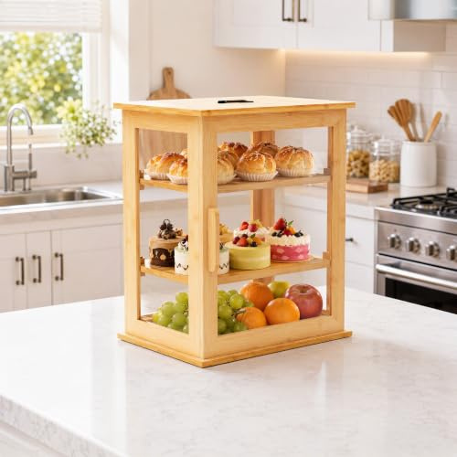 DFENG Bamboo Bread Bin Breadbox,3-Layer Bread Storage Containers,Bread Box-Collection Display Cabinet with Clear Window and Removable Layer for Kitchen,Self Assembly