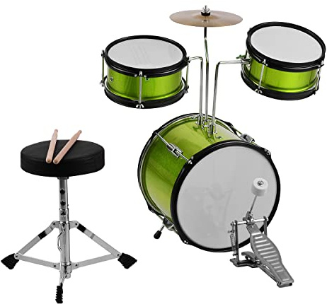 Naroote Juego de Batería Pequeña para Principiantes para Niños con Taburete de Baquetas de Platillo, Regalo de Instrumento Musical Juvenil, Metal + Madera de Ciprés, Negro (GREEN)