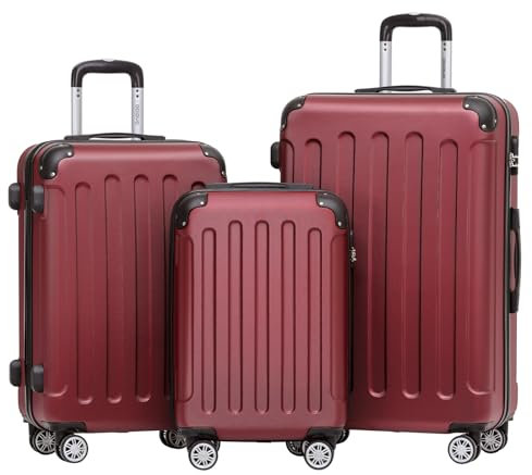 BEIBYE Hartschalen-Koffer Trolley Rollkoffer Reisekoffer Handgepäck 4 Rollen (M-L-XL-Set) (Weinrot, Set)
