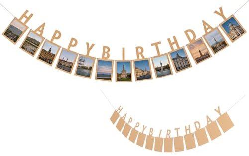 Amosfun Fotogirlande zum Geburtstag aus Kraftpapier | Happy Birthday Girlande zum Aufhängen von 13 Fotos als Fotobanner und Wanddeko für Kinder und Erwachsene