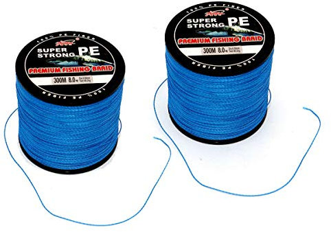 NUZAMAS Set aus Zwei PE-geflochtenen Angelschnüren, insgesamt 600m / 656yds, Blau, 4 Stränge spinnt, Für Köder, Fliegen, Gießen, Köderfischen, Größe 8,0 (40,2 kg), Felsen, Boot, Strand, Süßwasser-