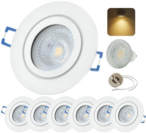 Sweet LED Einbaustrahler Bad Aluminium IP44 Einbauspots GU10 7W deckenspots Warmweiß Badezimmer Einbauleuchte Klickverschluß Feuchtraum Einbaurahmen Decken spot weiß matt 6er Pack