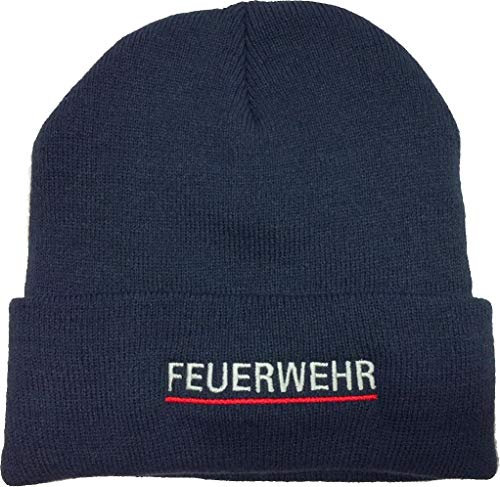 Pudelmütze Navy, Silber gestickt Feuerwehr, rot unterstrichen, mit Thinsulate