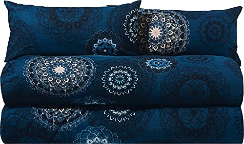 Erwin Müller Bettwäsche, Bettgarnitur Sparpaket 4-TLG. Flanell - Mandala - mollig warm, temperaturregulierend, mit praktischem Reißverschluss - dunkelblau Größe 40x80 cm / 155x220 cm