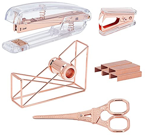 NBEADS Schreibtischzubehör 5 Kit, Büromaterial-Set Klebebandspender, Schere, Hefter-Entferner Und Hefter-Set Mit Messing 24/6 Standard-Heftklammer Für Home School Bürobedarf (Roségold)