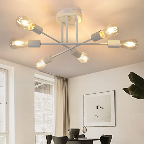 CBJKTX Deckenlampe Vintage Deckenleuchte Wohnzimmer E27 Retro | Schlafzimmerlampe 6 Flammig Kronleuchter Weiß Esstischlampe Industriell Rustikal Stil Beleuchtung (ohne Leuchtmittel)