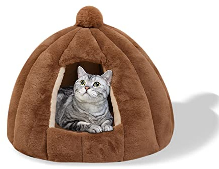 Galatée Katzenhöhlenbett, Waschbares Katzenkissenbett Mit rutschfeste Unterseite, Haustierbett Mit Abnehmbarem Waschbarem Innenkissen, Weiches Und Gemütliches Plüschkatzen-Iglu(S, Braun)