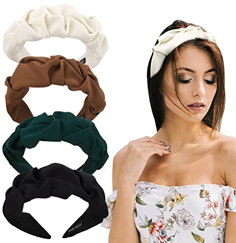 BETESSIN 4Stk. Breite Haarreifen Plissierte Stirnband Damen Vintage Haarband Plissee Haarschmuck Kopfband für Mädchen Frauen Beige Kaffee Schwarz Grün