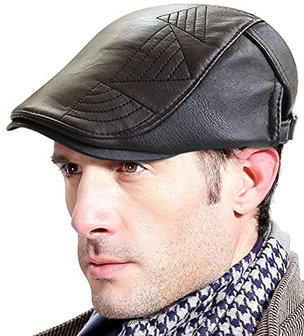 AIEOE Herren Leder Baskenmütze Beret Hut Schirmmütze Vintage Retro Schiebermützen Flacher Mütze Einstellbar Barette