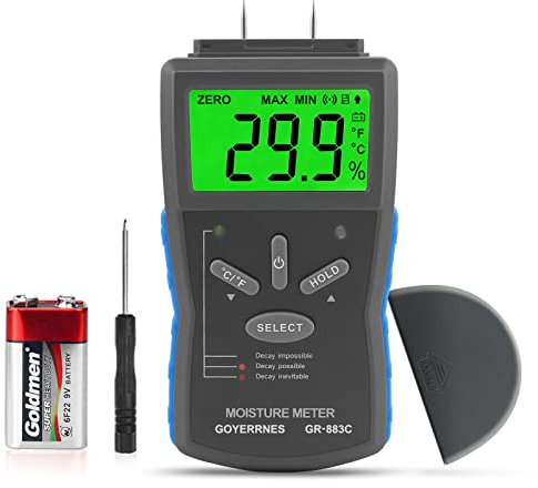 Humidimètre pour bois détecteur d'humidité numérique à aiguille,Testeur Humidité portable GR-883C avec LCD rétroéclairé pour le bois, les matériaux durcis, la température ambiante (℃/℉).