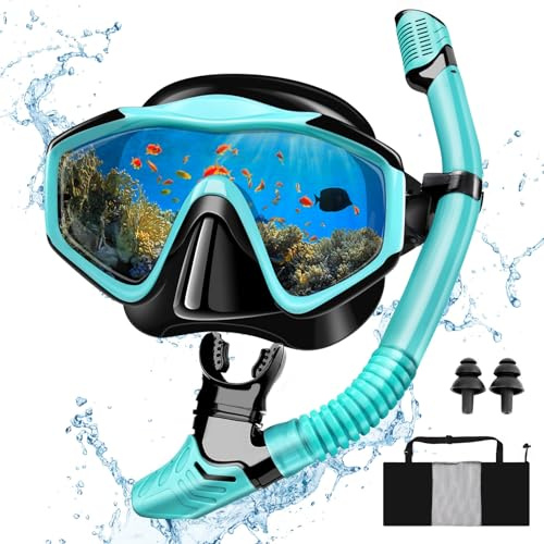 MILFECH Schnorchelset Erwachsene, Schnorcheln Set mit Taucherbrille und Trocken Schnorchel,Anti-Fog Anti-Leck Schnorchelmaske aus Gehärtetem Glas,für Tauchen Schnorcheln Schwimmen,Dry Schnorchel(Grün)