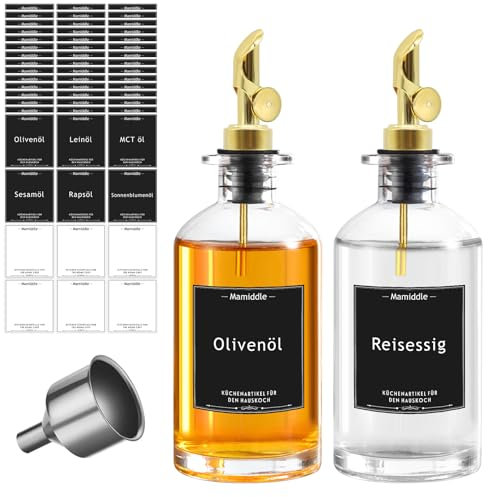 Mamiddle Set di Bottiglie per Olio e Aceto per la Cucina Bottiglia di Olio d'oliva, Dispenser di Olio con Adesivi, Imbuto (350ml, Oro)