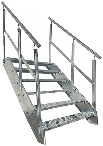 Kaminbau Mierzwa Premium Stahl Treppe Beidseitiges Geländer Verzinkt 6 Stufen (Breite 1200 mm) (Höhe 114 cm) Wetterfest Gitterroststufe Gartentreppe