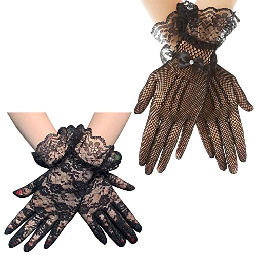 Liitata 2 pares de guantes cortos de encaje floral guantes de malla de malla retro de ópera para fiestas de boda, Halloween, mascarada, carnaval, temática de fiesta estilo 2 Negro Talla única