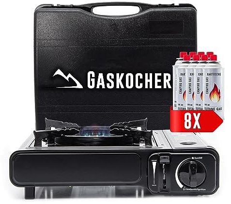 TruWare Camping Gaskocher Set – Tragbarer Campingkocher mit 8 MSF-1A 227g Gaskartuschen, Kocherkreuz – Für Outdoor-Küche, Balkon, Picknick & Notfall