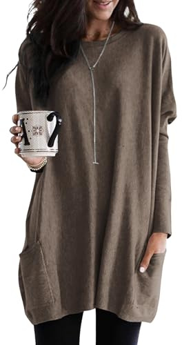 Dokotoo Womens Winter Dresses Long Sleeve Tunic Tops for Women Loose Fit Dressy Solid Color Casual Oversized Winter Clothes Sweatshirt Dress Thanksgiving Outfits Chocolate Brown Dresses for Women XL