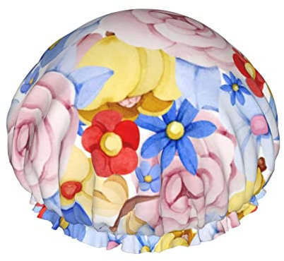 Aquarell Blumen blau gelb rot Duschhauben für Frauen wiederverwendbare wasserdichte Duschbadekappe Double bLayers elastische Duschbademütze mit weichem, bequemem Peva-Futter Haarkappe für die Dusche