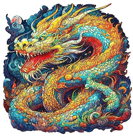 Holzpuzzle Erwachsene, 300 Teile Chinesischer Drache Puzzles, 35x34.3cm Wood Puzzle, Unregelmäßige Einzigartige Tierform Holzpuzzles für Erwachsen, Schön Geschenk für Familie Freunde